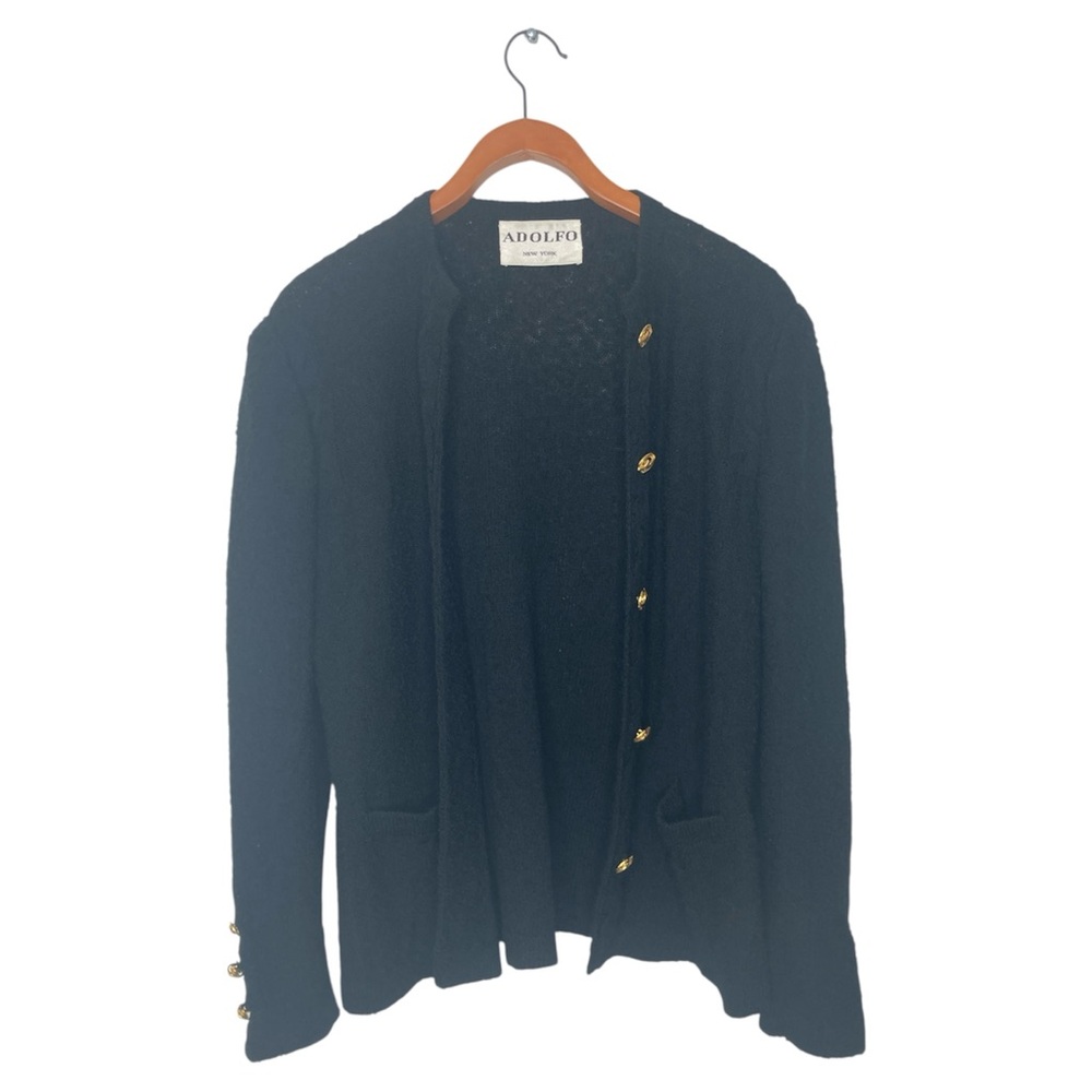 Adolfo Vintage Black Women's Wool Jacket with Gold Trim and Buttons Size Medium.